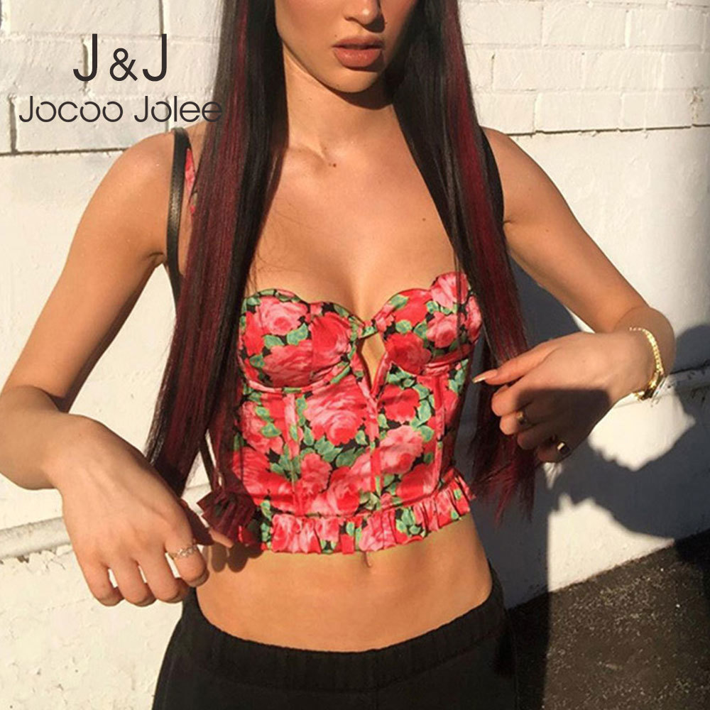 

Jocoo Jolee Women Summer Sexy Floral Print Camis Slim Backless Tube Top Vintage Hollow Ruched Ruffle Party Club Tank Top 210518, Red