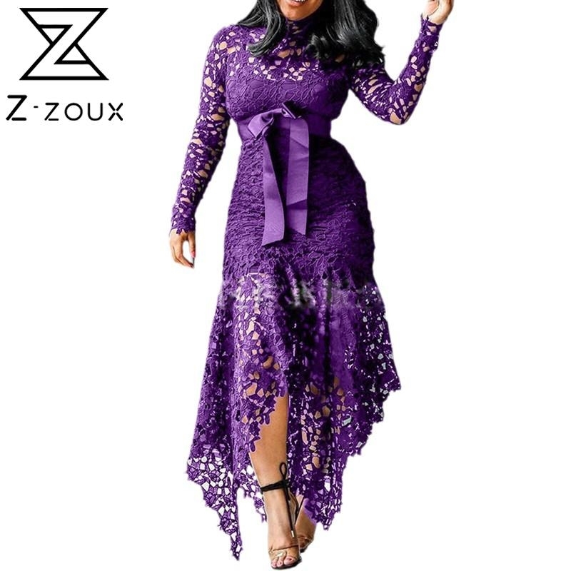 

Women Dress Irregular Lace Long Sleeve Hollow Out Up Maxi es High Waist Slim Thin Sexy Bohemian es 210524, Green