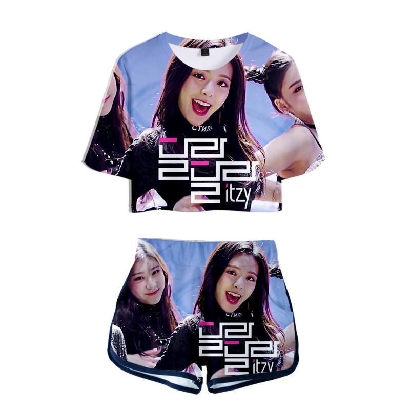 

Summer Fashion Women's Sexy Sports T Shirt Short Sleeve 3D Print ITZY + Shorts Color Hip Hop Harajuku Set Tracksuits, Gray