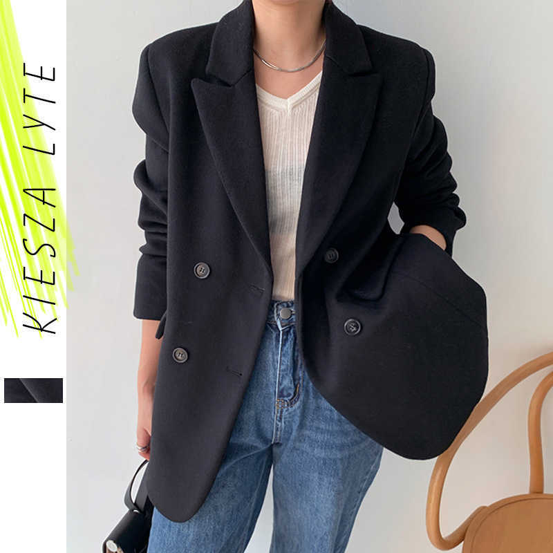 

Women Woolen Blazer Jacket Winter Korean Fashion Minimalist Black Warm Cashmere Coat Stylish Female Outwear 210608