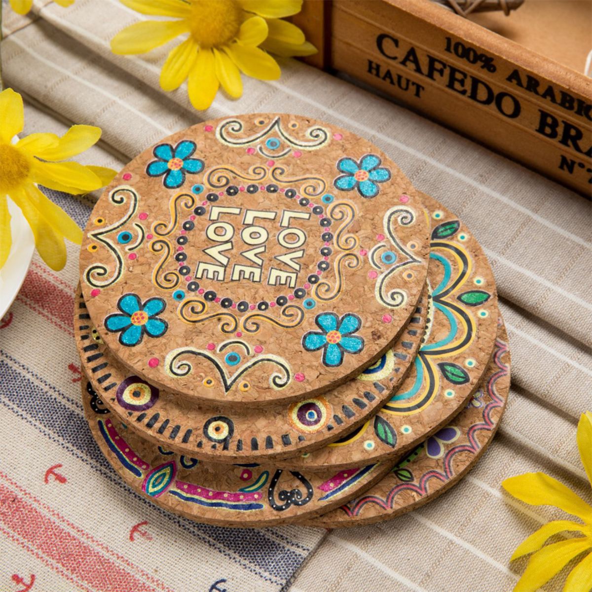 

10cm Moisture Resistant Cup Coasters Natural Cork Round Cup Drink Coasters Heat Insulation Placement Patterned Pot Holder Mats