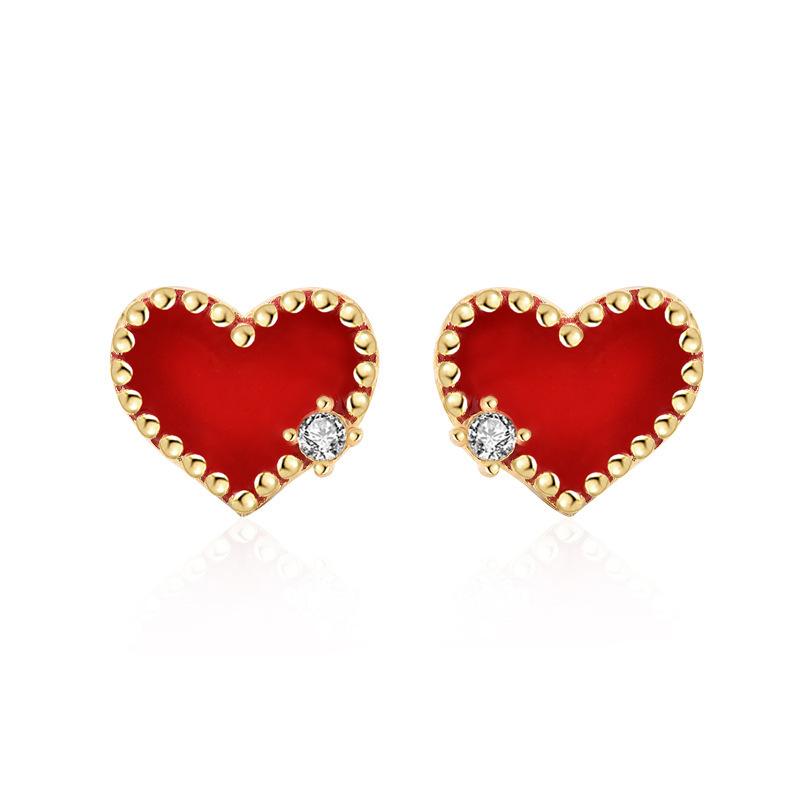 

Stud S925 Heart-shaped Red Earrings Girl Women's Zircon Jewelry Gift