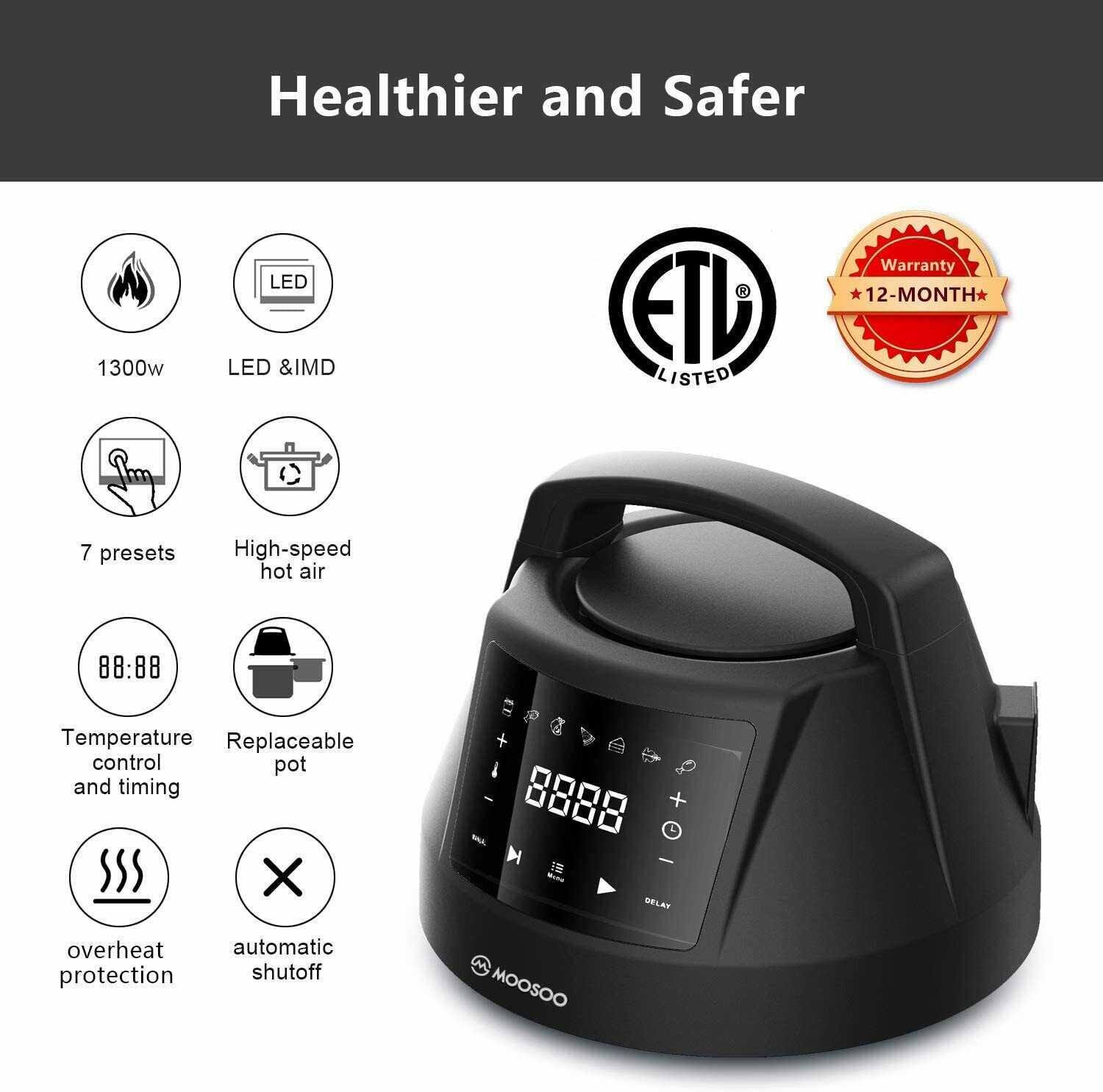 

MOOSOO 6QT Air Fryer Lid for Instant Pot with 7 Optional Presets, 85% Less Oil and Digital LED Display & IMD Touch Panel