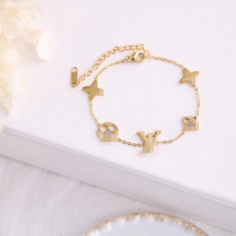 

Brand Bracelets Charm Simple Design Hollow Small Diamond Flower Letter V Bracelet High Quality Titanium Stainless Steel