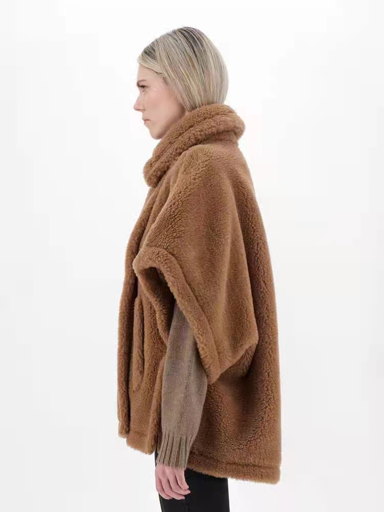 

MM Teddy cape Coats with soft texture made from alpaca wool fur and silk women outerwear a lapel collar Oversized coat short sleeve, Brown