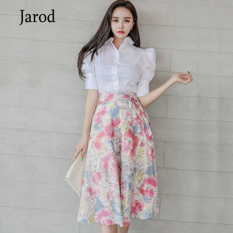 

fashion Summer Two-Piece Set Women Sweet Style white Puff sleeve Shirt Tops+Bow Printed Midi skirt Women's Suits 210526, Photo color