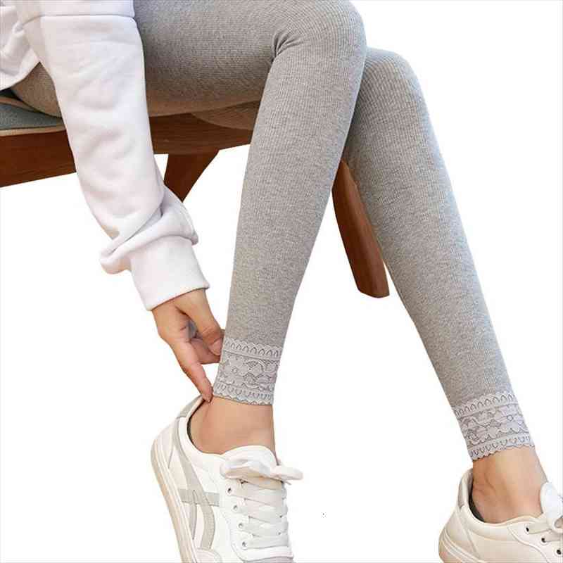 

elifashion threaded leggings autumn amp winter cotton nine-point high-waisted leggings women outer wear lace, Black