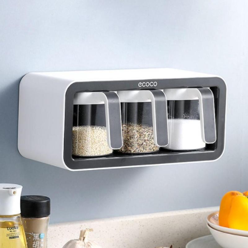 

Storage Bottles & Jars Wall Mount Spice Rack Organizer Sugar Bowl Salt Shaker Seasoning Container Boxes With Spoons Kitchen Supplies Set