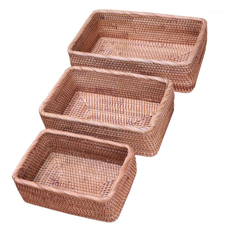 

Storage Baskets Handmade Rattan Rectangular Bread Picnic Set Fruit Straw Wicker Desktop Sundries Home Panier Osier