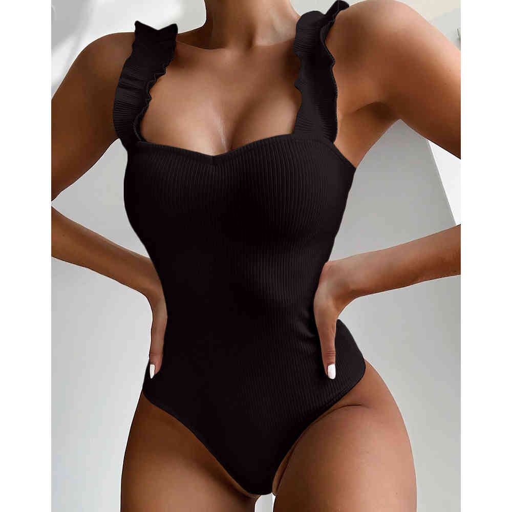 

Vintage Swimsuit Women One Piece Ruffle Strap Swimwear Female Push Up Monokini Padded Beach Bathing Suits Black Bodysuits 210407, 01