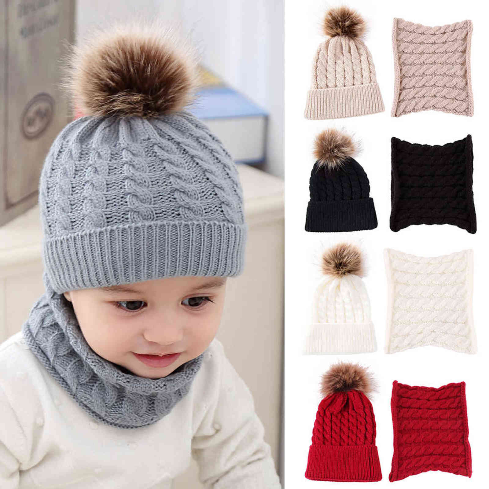 

2pcs/set Baby Hat Fur Pompom Knitted Beanies s Winter Warm Infant Toddler Pom for Children Lovely Ski Snow Cap