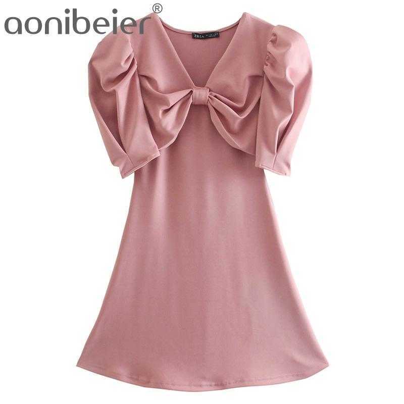 

Summer Temperament Sweet V Neck Bow Tie Front Women Fit and Flare Dress Fashion Casual Female Puff Sleeve Mini 210604, Black