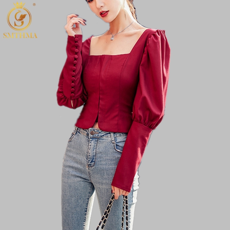 

Casual Women' Blouses Square Collar Lantern Long Sleeve Short Shirts For Female Clothing Fashion 210520, Picture color