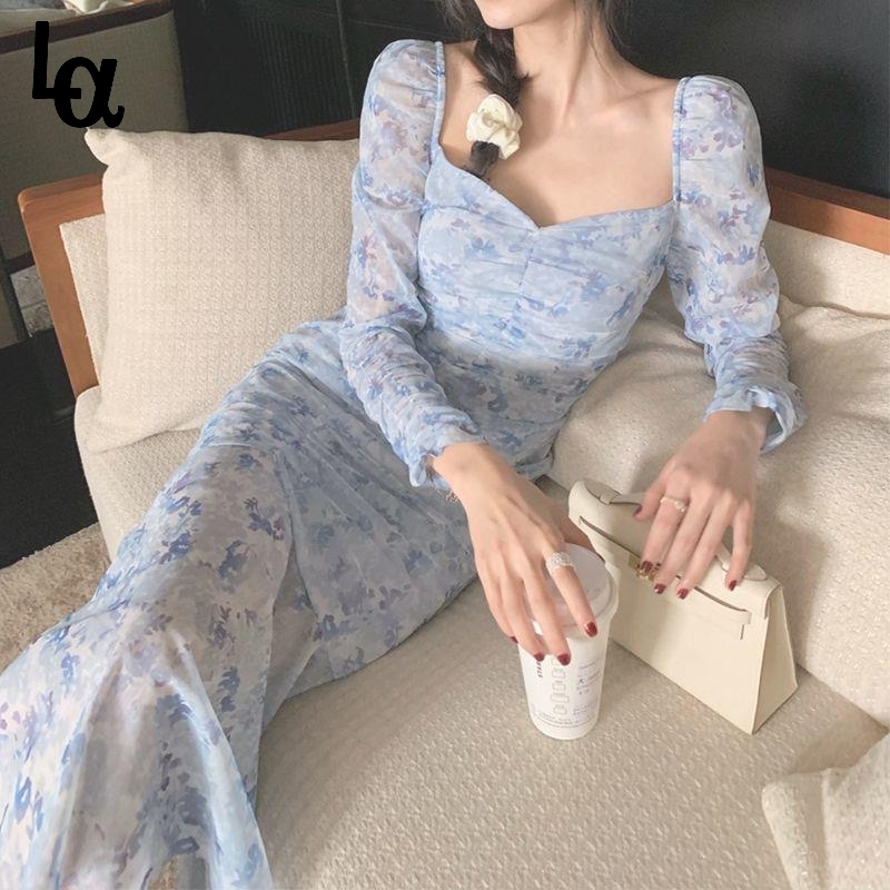 

Summer Chiffon Elegant Dress Women French Sweet Print Floral Long Female Casual V-neck Holiday Pretty Party 210519, Blue-long