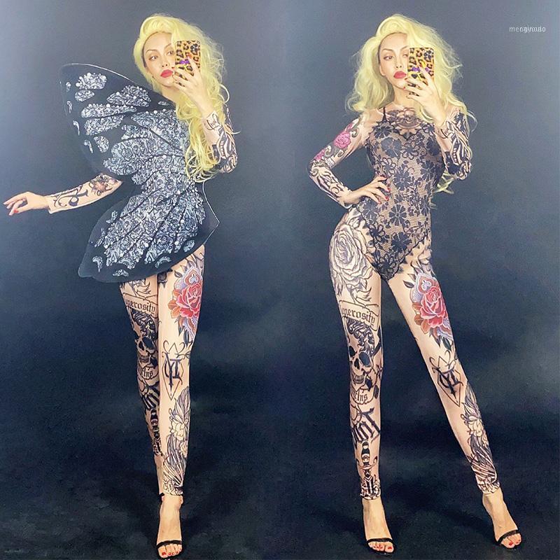 

Stage Wear Black Full Diamond Butterfly Tattoo Jumpsuit Nightclub Bar Singer DJ Costume Show Outfit Women Rave Clothes DNV134441, 2pcs