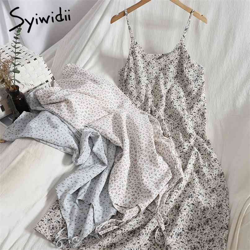 

Floral Print Sexy Spaghetti Strap Dresses for Women A-line Beach Summer Korean Fashion Boho Midi Dress White Blue 210607