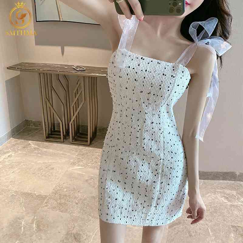 

Fashion Summer Tweed Wool Dress Robe Sexy Spaghetti Strap Dresses Party Casual Vestidos 210520, Photo color