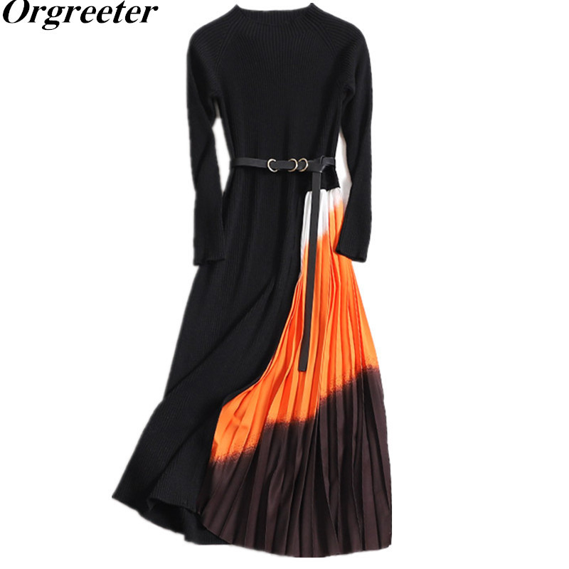 

Runway Design Women Fall Spring Gradient Color Pleated Sweater Dress Elegant Long Sleeve OL Mid Knitted Dresses With Belt 210525, Black