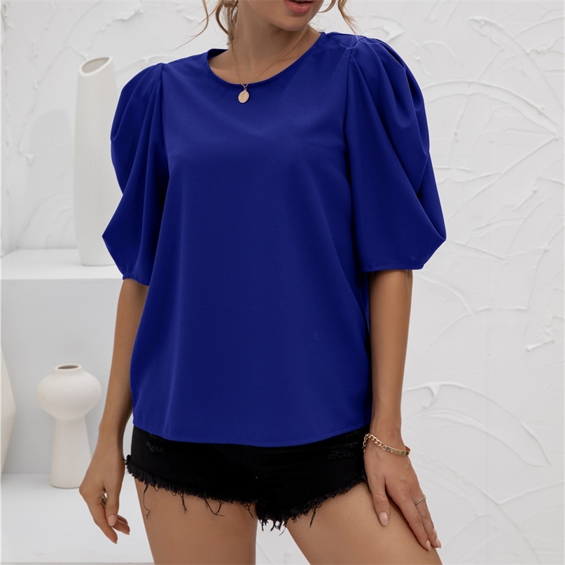 

O Neck Short Sleeve Solid Color Lantern T Shirt Women Fashion Commute Loose Casual Harajuku Style Concise T-shirt 210603, Blue