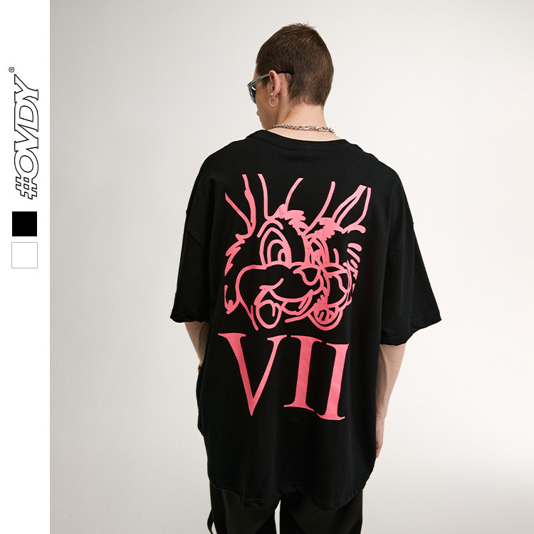 

wxwovdy men's new style street fashion brand funny cartoon double rabbit print oversize couple short sv, White;black