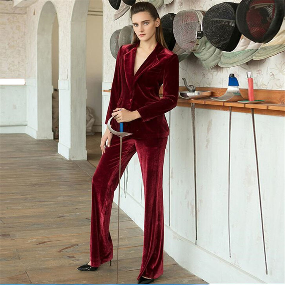 

Women's Suits & Blazers Burgundy of womanly veet pantsuits women's jacket fashion long sleeve female suede tailored suits, Picture style.