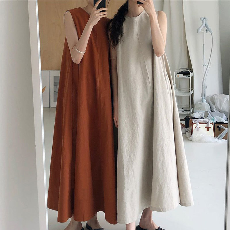 

Casual Dresses 2021 Women Cotton Linen O-Neck Sleeveless Boho Beach Solid Loose Chic Long Vestidos Femme Streetwear Z5WU, Maroon