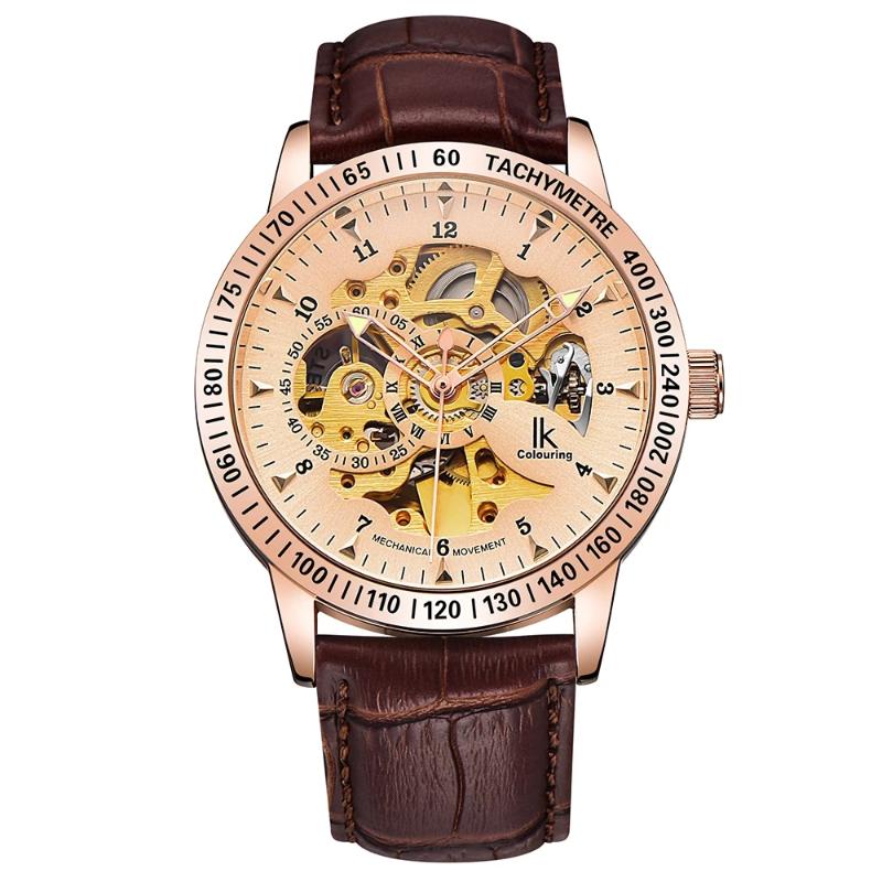 

Wristwatches IK Mens Watches Top Rose Gold Male Clock Automatic Mechanical Skeleton Wristwatch Steampunk Relogio Feminino, Leather rose black