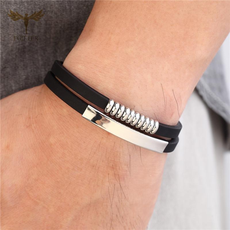

Bangle Business Men's Wristband Double Silicone Bracelet Black Strap Stainless Steel Accessories Charm Fashion Wrist Jewelry