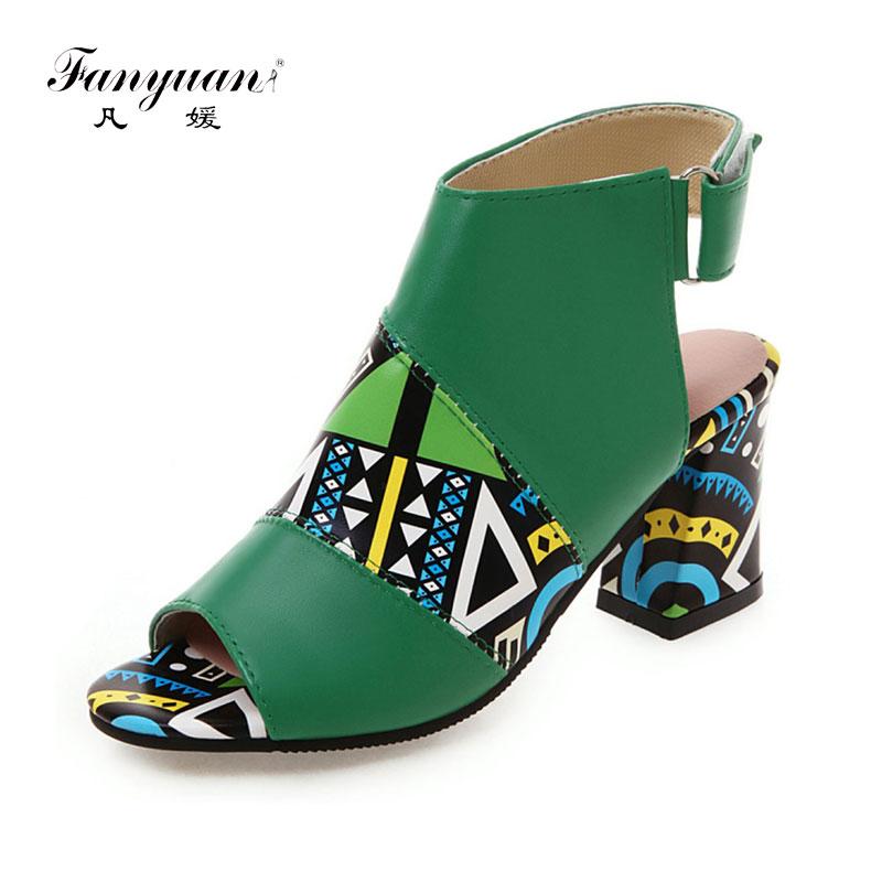 

Fanyuan Fashion 2021 Block High Heels Sandals Green Yellow Women Print Ankle Wrap Hook Peep Toe Ladies Summer Shoes, Black