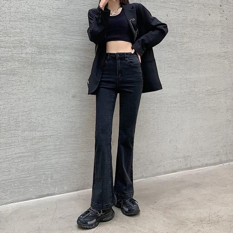 

fashion elastic slim high wasit womens jeans flare y2k streetwear skinny bell bottom pants classical all match stacked, Blue