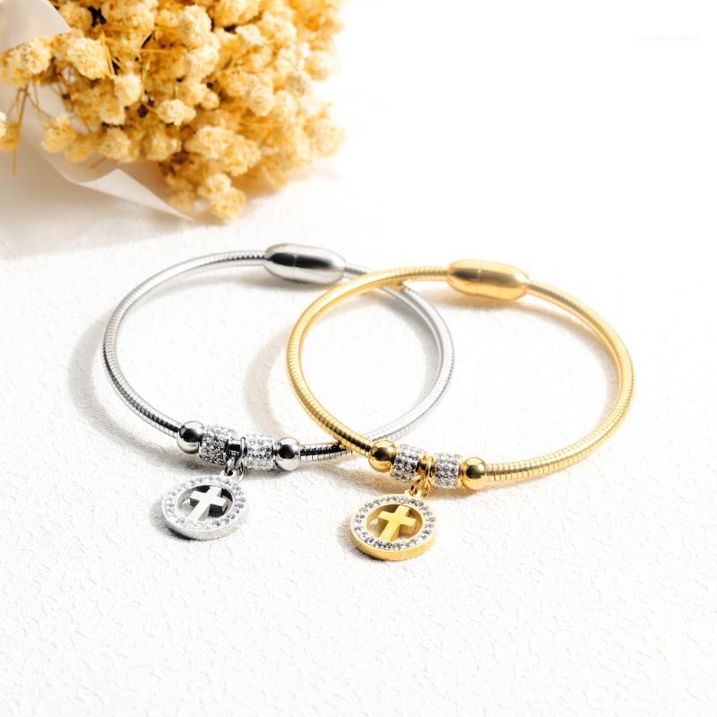 

Fashion Golden/White Stainless Steel Charm Bracelets Cross Shape Mosaic Cubic Zirconia Bangles For Women Jewelry Gift SZ015 Bangle