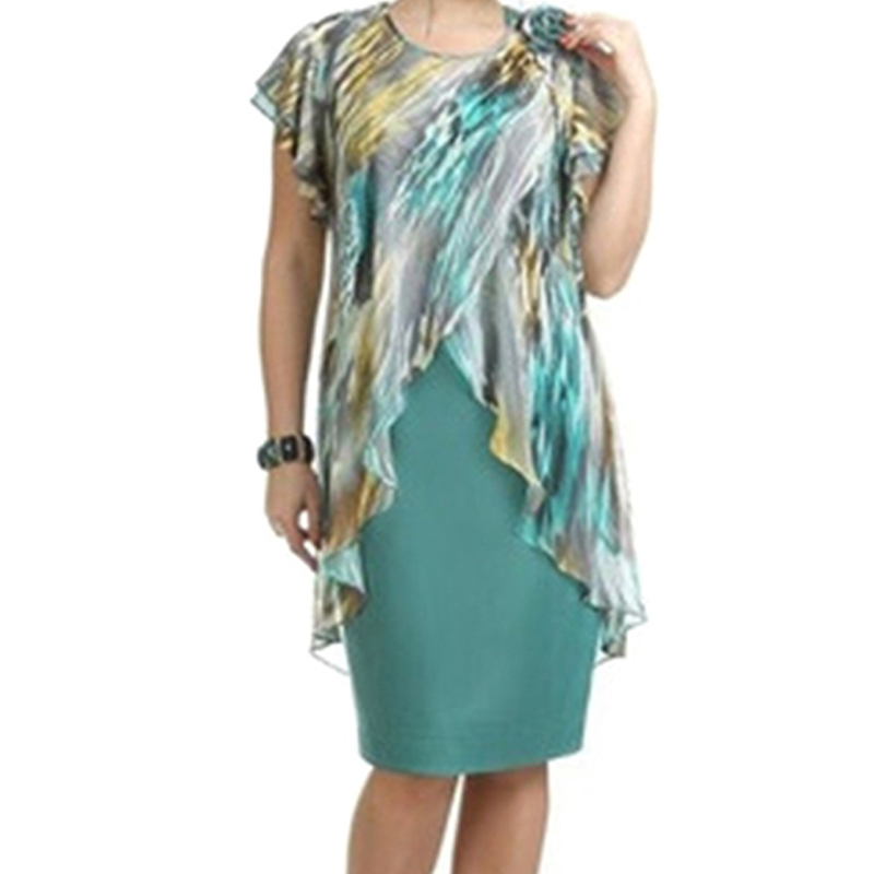 

Plus Size Summer Dress Womens Clothing Knee Length Fake Two-Piece Dress Large Size Chiffon Ruffles Fashion Womens Dress, Navy