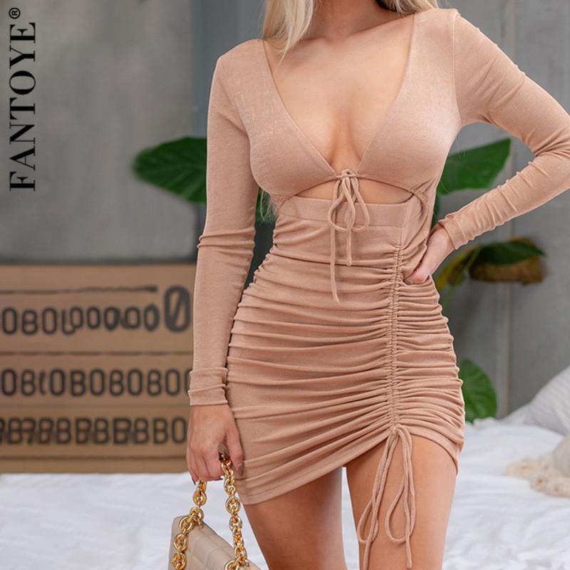 

Casual Dresses Fantoye Sexy Backless Drawstring Ruched Women Dress Pink Long Sleeve Hollow Out Ladies Summer Skinny Fashion Party Wear