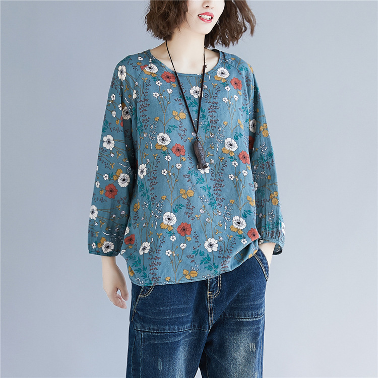 

Johnature Print Flowers Women Spring Pullover T-Shirts O-Neck Chinen style Vintage Casual Original T-Shirts 210521, Blue