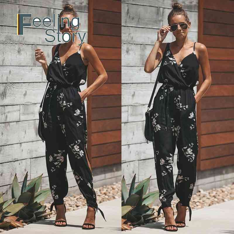 

V Neck Backless floral Jumpsuit Sexy Bodysuit Macacao Feminino Playsuit Overalls Print Spring Summer Rompers 210603, 1033 black