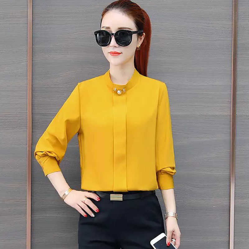 

High Quality Spring Arrival Office Work Women Blouse Beading Stand Collar Solid Color Long Sleeve Woman Chiffon Top DF2440 210609, White