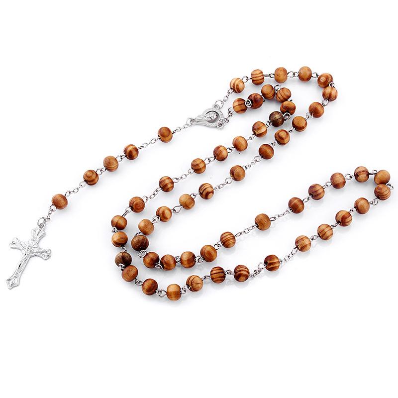 Pendant Necklaces Wooden Beaded Rosary Necklace Cross Jesus For Men Woman Christian Religious Male Jewelry-image-703401693