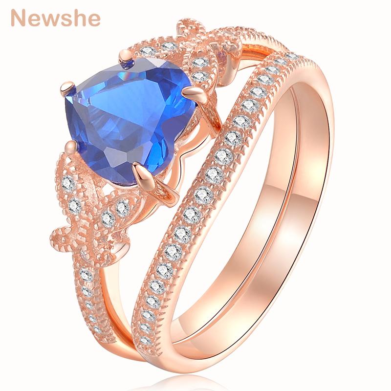 

Cluster Rings She 2.2 Ct Wedding For Women 925 Sterling Silver Rose Gold Color Blue Heart Shape CZ Engagement Ring Bridal Set, Golden;silver