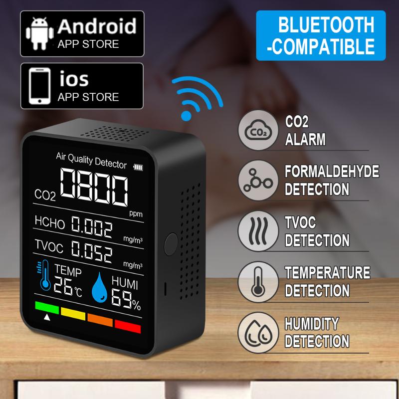 

Gas Analyzers With Bluetooth Multifunctional 5in1 CO2 Meter Digital Temperature Humidity Tester Carbon Dioxide TVOC HCHO Detector