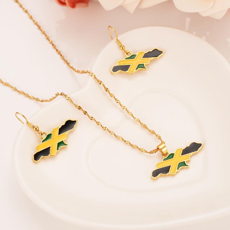 

Earrings & Necklace PNG Zealand Jamaica Guyana Flag Pendant Chain Gold Heart Phoenix Star Jewely Sets Gift For Women Girls, As pic