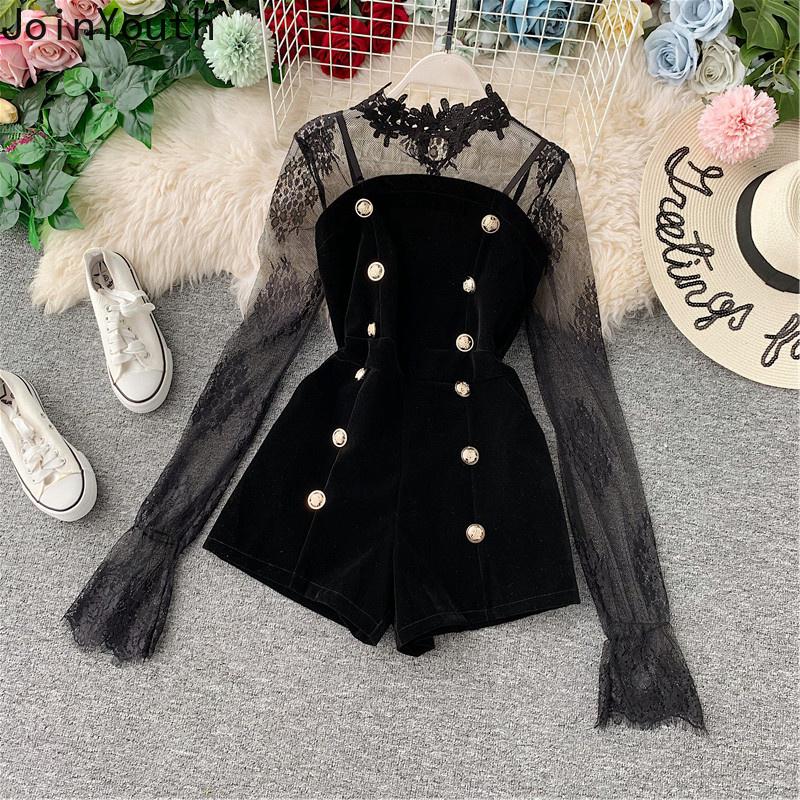 

Women's Tracksuits 2021 Solid Two Piece Outfits Lace Tulle Pullover Flare Sleeve Shorts Gold Velvet Button Fashion Clothes Female, Gray
