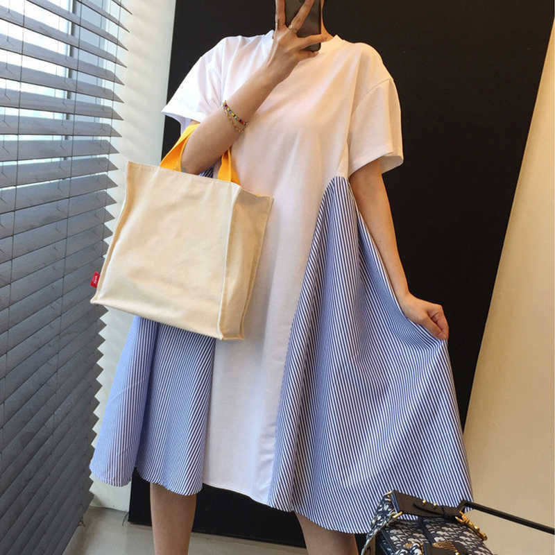 

Korejpaa Women Dress Summer French Temperament Round Neck Striped Stitching Design Loose Short-Sleeved Large Swing Vestidos 210526, Black