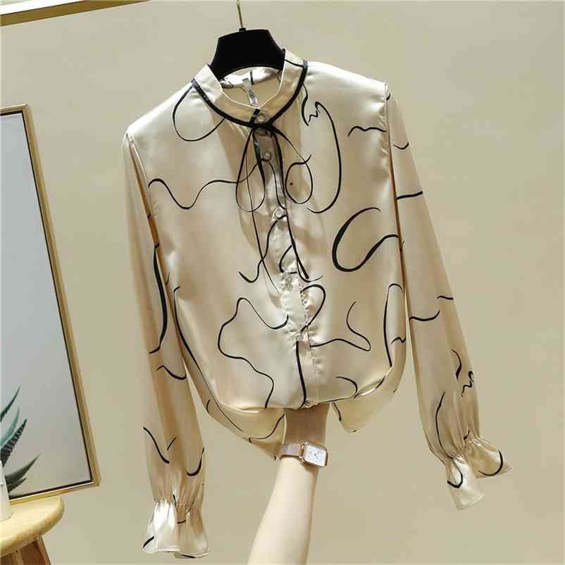 

Autumn Fashion Women's Flare Long Sleeves Silk Shirts Female Girls Ladies Shirt Blouse Tops A4047 210519, Beige