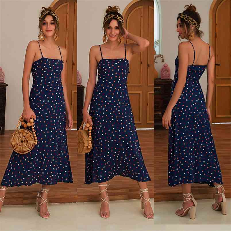 

Color Wave Dot Suspenders Sexy Sleeveless Backless Dress Long es With Side Zip Female Print Maxi Ladies Vestidos 210517, Navy