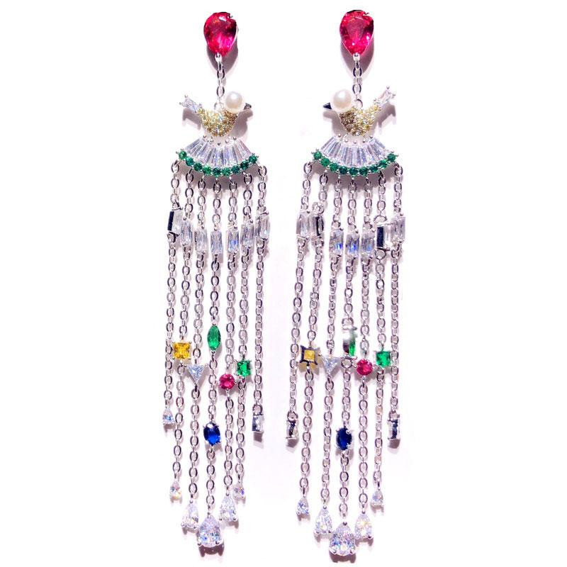 

Elegant Long Tassel Bird Dangle Earrings for Women 925 Silver Pin Statement Wedding Earring Colorful Cubic Zirconia Eardrop