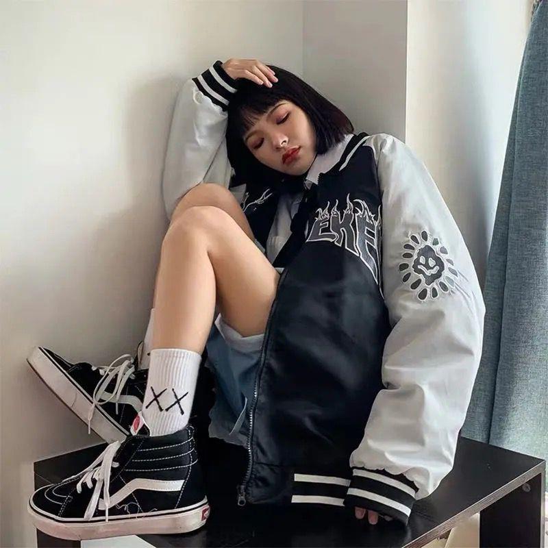 

Men's Jackets Street Jacket Women Embroidery Baseball Uniform Spring Autumn 2021 Vintage Punk Korean Loose Couple Bomber Hip Hop Furry Bone, Black;brown