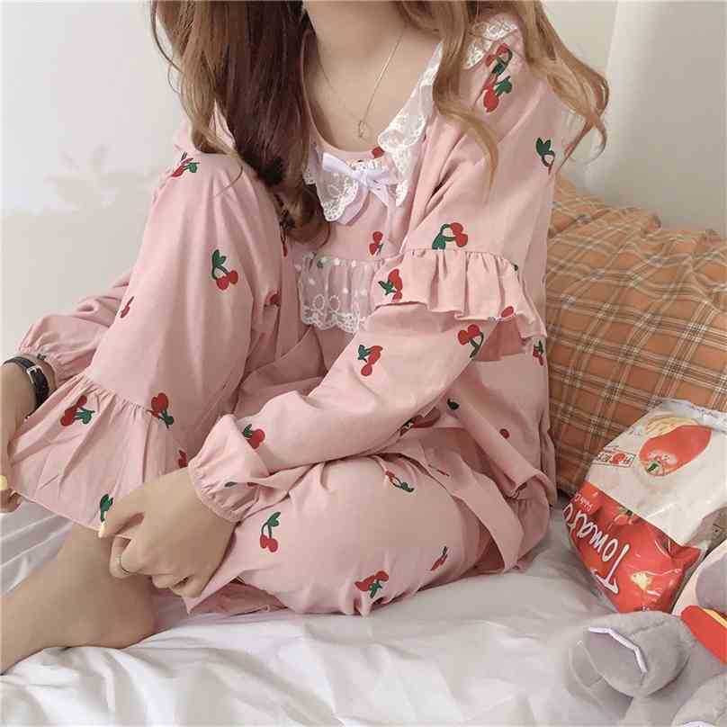 

Fashion Printed Home Clothe Korean Sweet Princesses Chic Students High Quality All Match Loose Pajamas Sets 210525, White