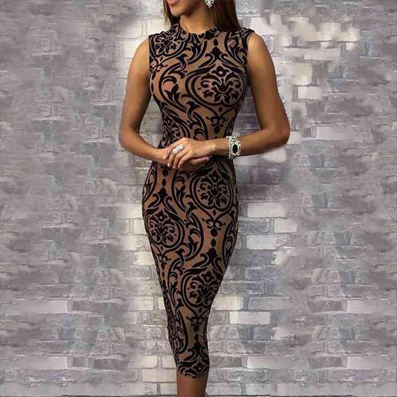 

Women Dress Casual Sleeveless O Neck Evening Party Dresses Ladies Sexy Bodycon Print Midi Dress Summer Dresses, Black;gray
