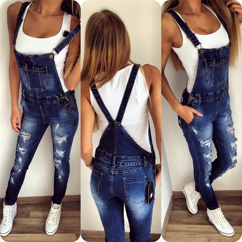 

QNPQYX New streetwear womens jeans Casual girlfriend Ripped Jeans Jumpsuit Romper Pants Hole Sleeveless Denim Overalls For Women, Blue