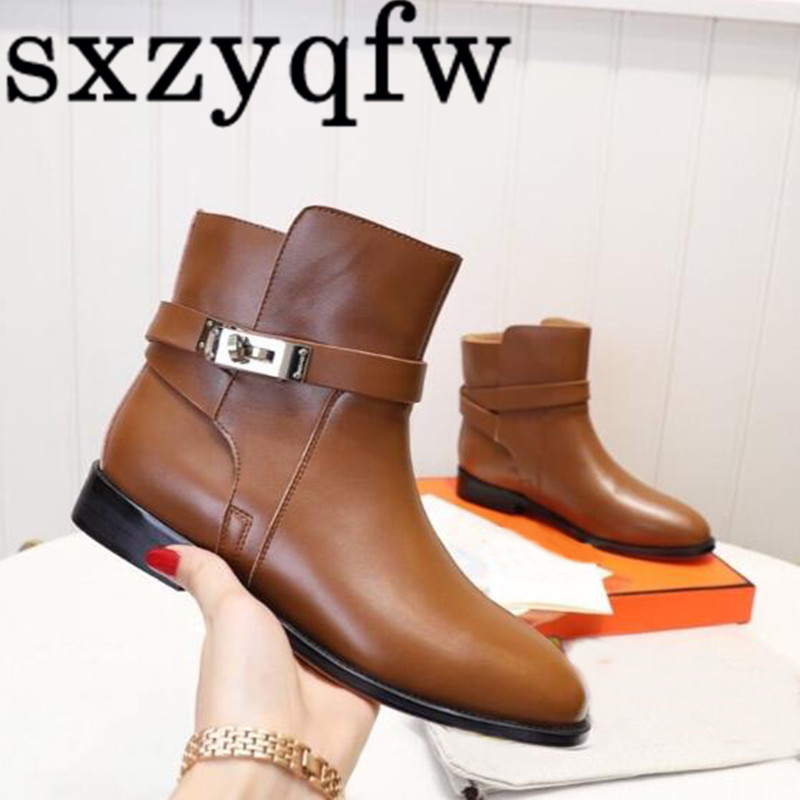 

Belt Buckle Ankle Boots Women Top Quality Slip On Autumn Shoes Fashion Lady Genuine Leather Boots Flat Heel Classic Brand Size42, Black